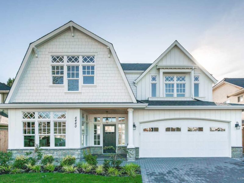 Gambrel roof, East coast design, shingle-style cladding, curb appeal, classic design, white exterior, lancet windows, diamond panes, single hung windows, Maxine Whitehead design