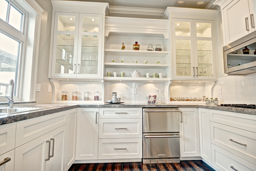 Wine cooler in butler's pantry, polished quartz countertops, pantry storage, spice kitchen, second kitchen, double drawer dishwasher, gas cooktop, fresh white paint palette, Maxine Whitehead design